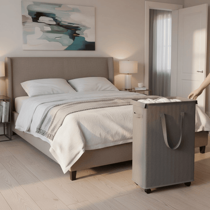 Panier linge Oxford gris en cours de déplacement