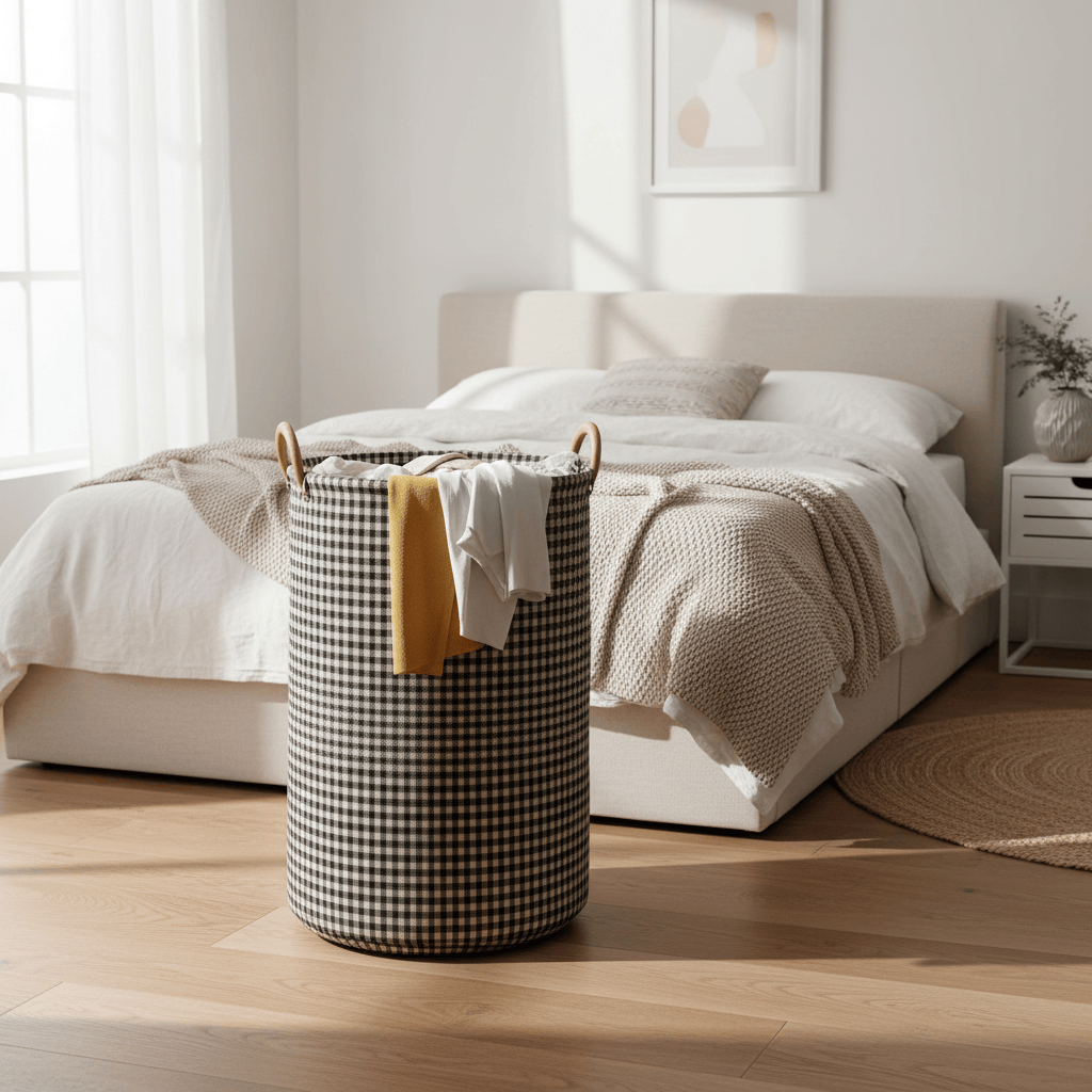 Panier linge pliable pied-de-poule avec linge