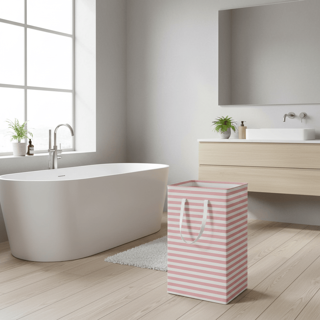 Panier linge pliable rayures rose-blanc ergonomique