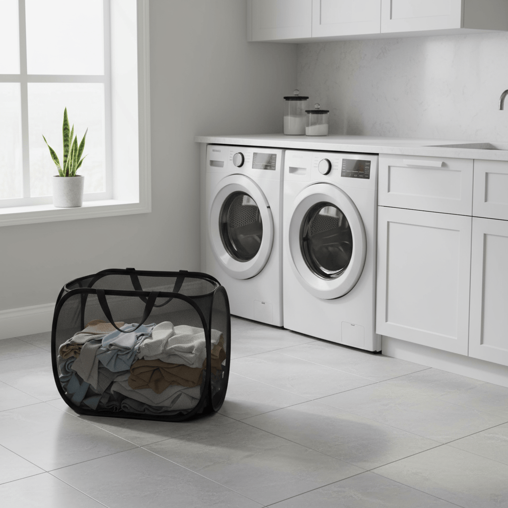 Panier linge pop-up noir avec linge