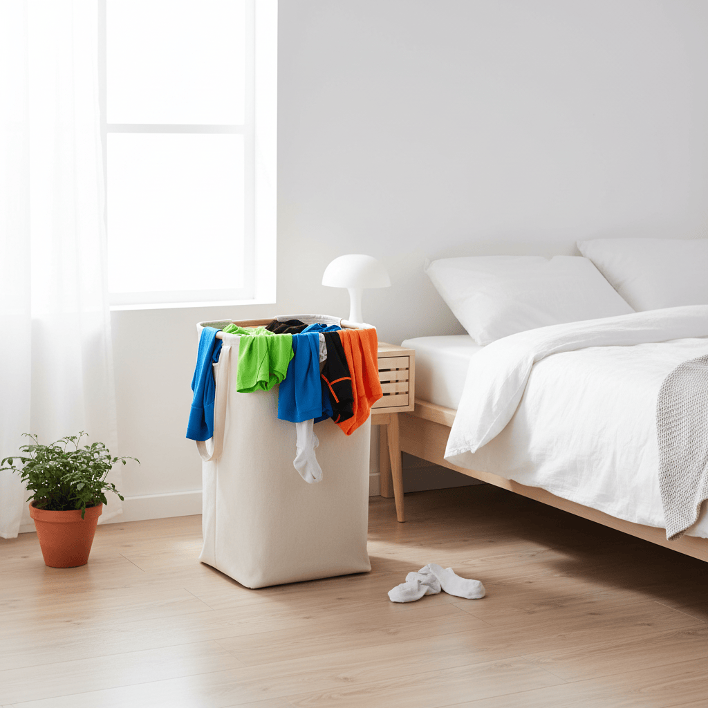 Panier linge tissu Oxford beige avec vêtements sport