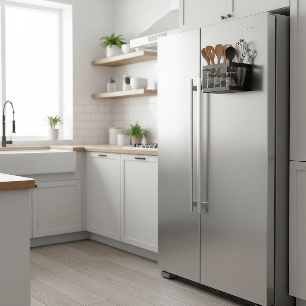 Panier magnétique noir sur frigo inox