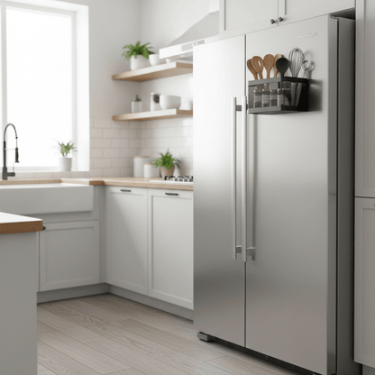 Panier magnétique noir sur frigo inox