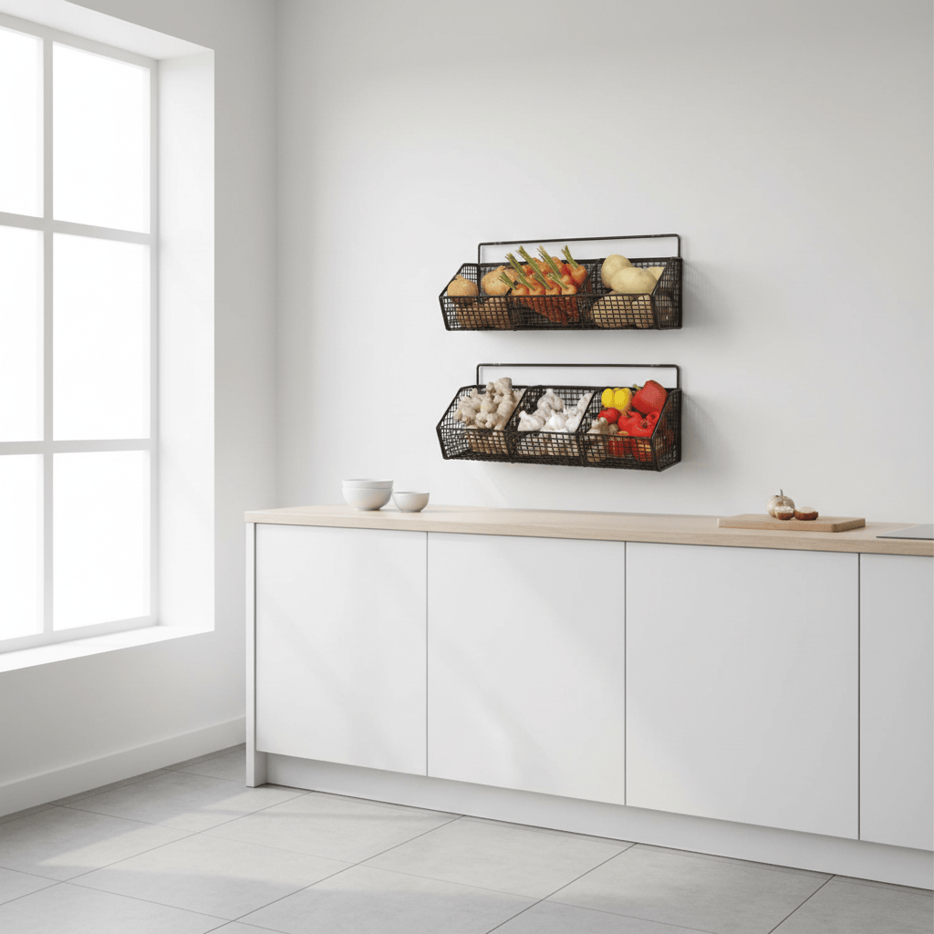 Panier mural noir avec légumes frais