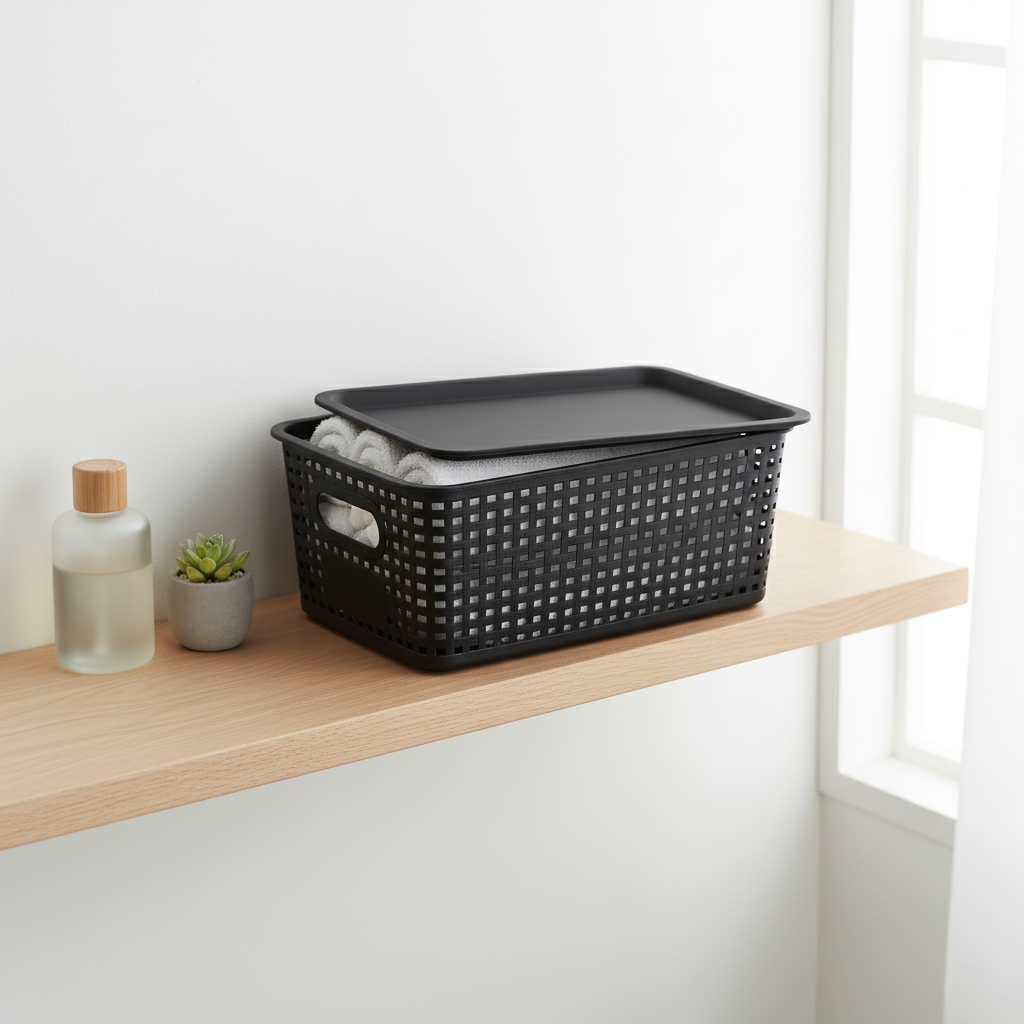 Panier noir dans salle de bain