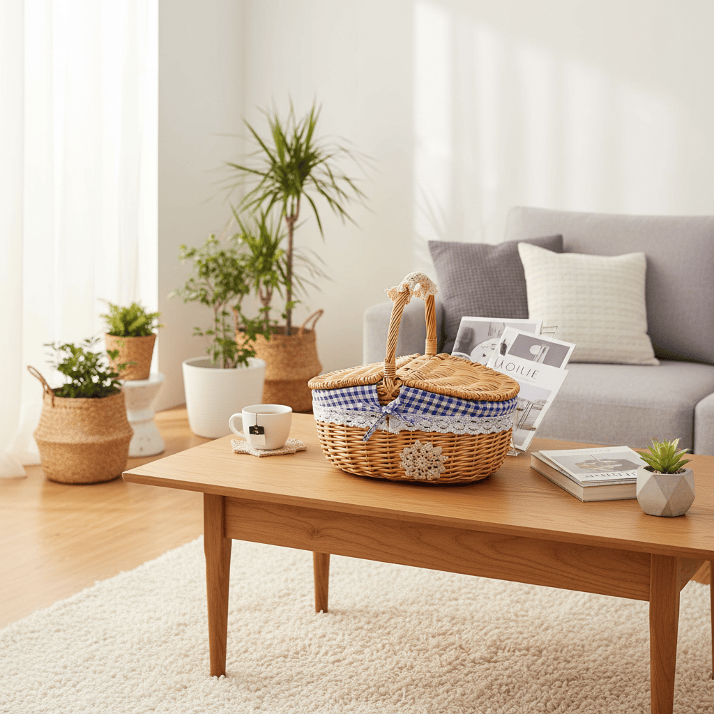 Panier osier bleu salon