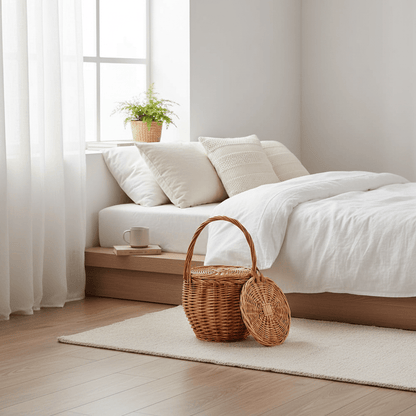 Panier osier marron en chambre