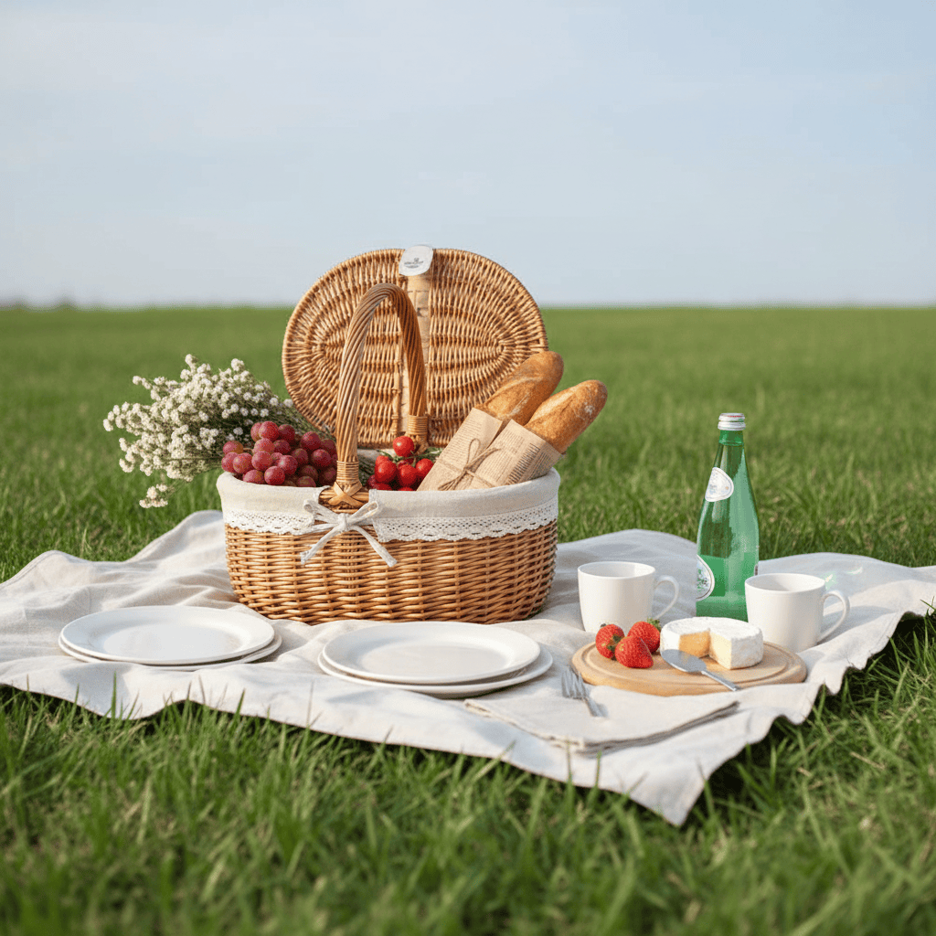 Panier pique-nique ouvert avec produits