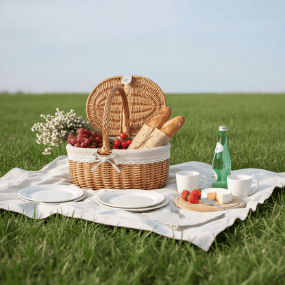 Panier pique-nique ouvert avec produits