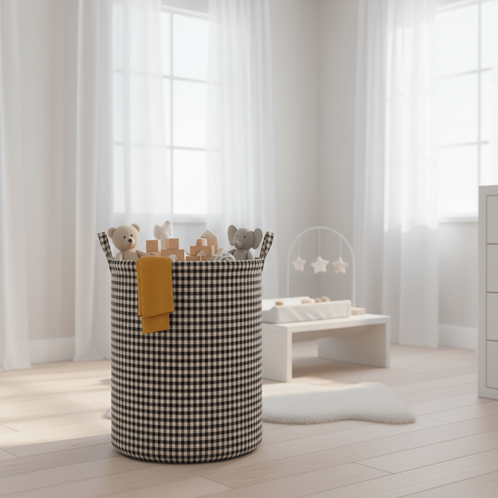 Panier rangement pied-de-poule polyester avec jouets