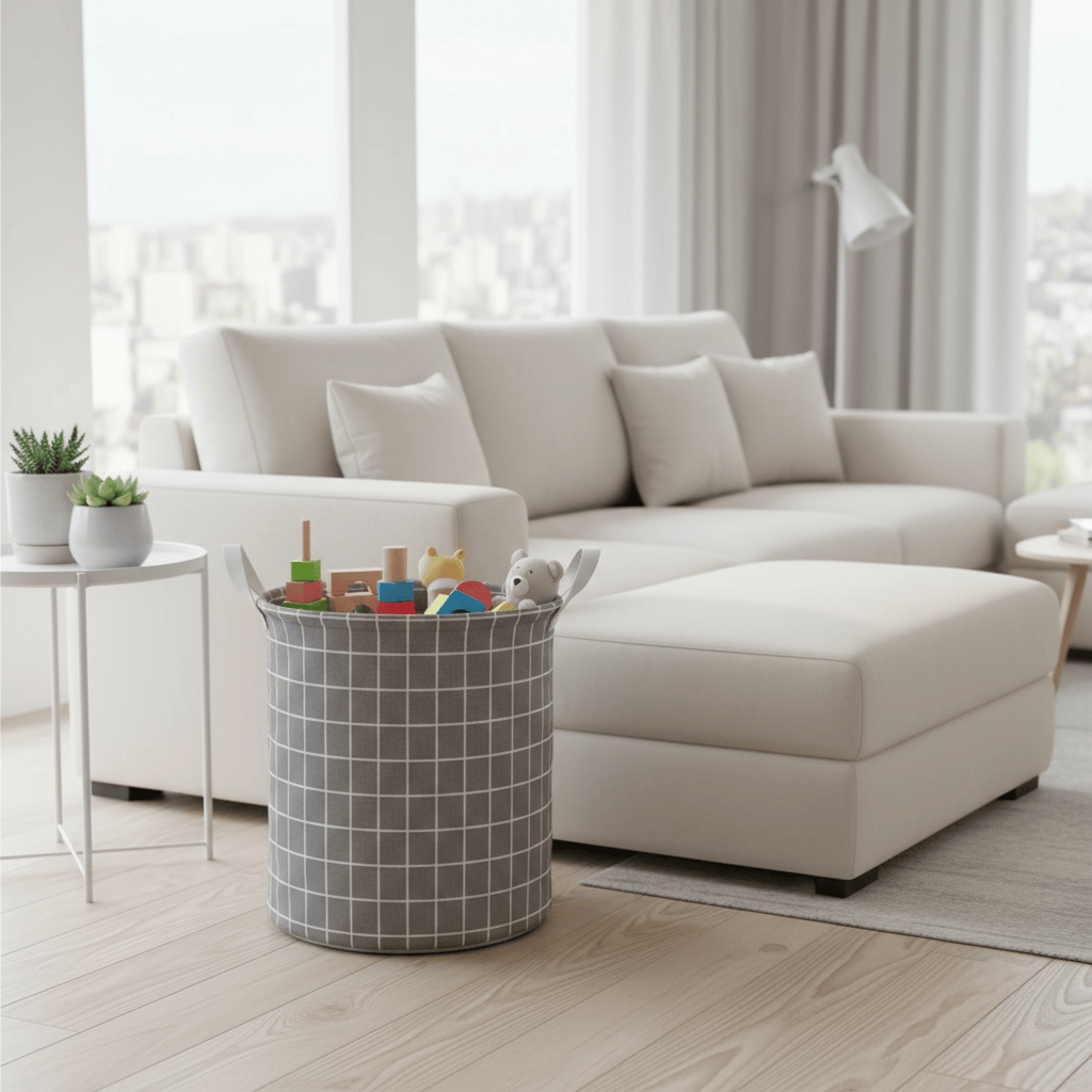 Panier rangement pliable gris géométrique avec jouets