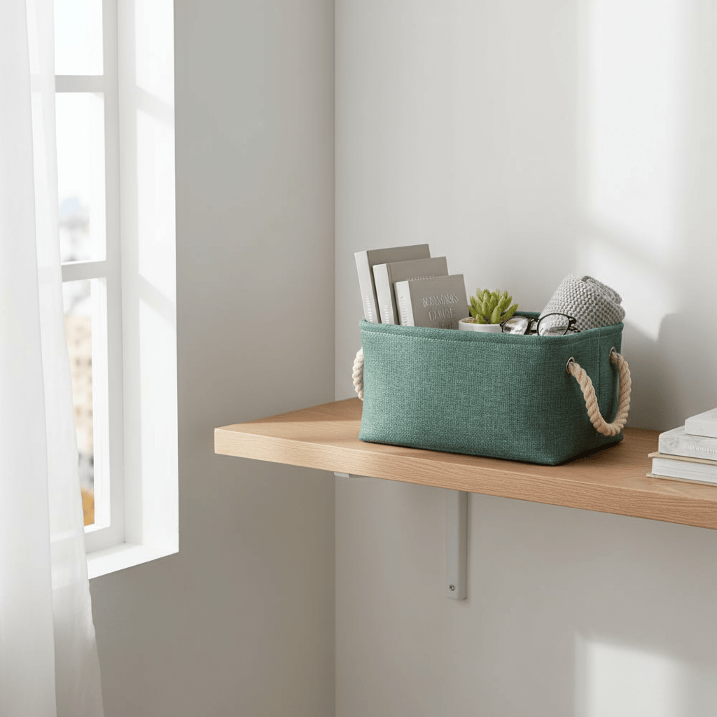 Panier vert en lin sur étagère