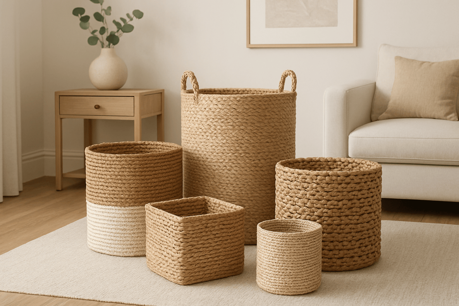 Paniers de différentes tailles créant un équilibre décoratif