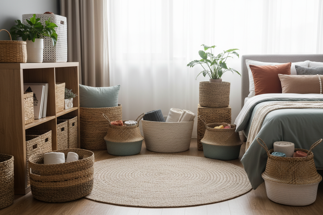 Paniers de rangement décoratifs dans intérieur moderne