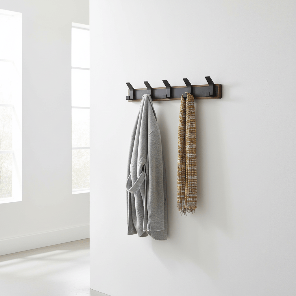 Patère hêtre naturel avec crochets noirs rabattables