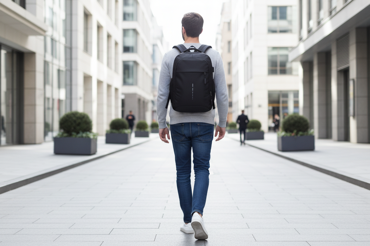 Personne avec sac à dos compact en ville