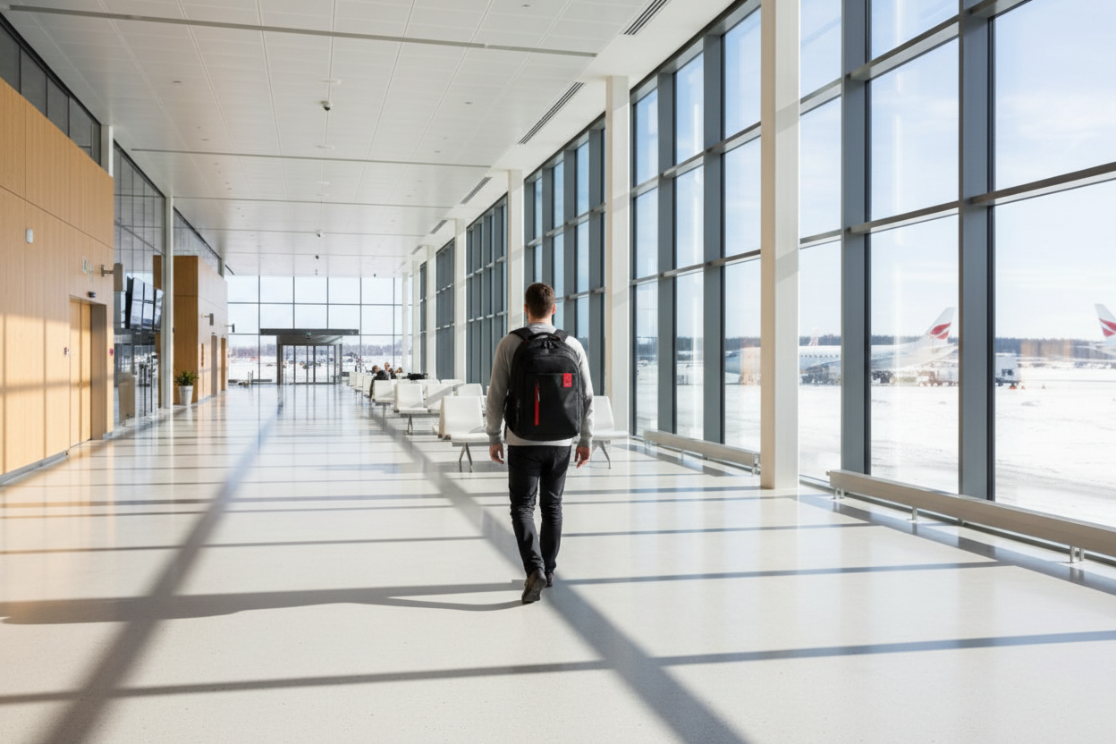 Personne avec sac à dos dans un aéroport
