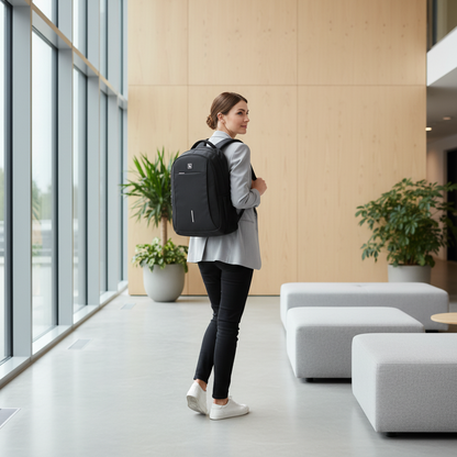 Personne avec sac à dos en bureau
