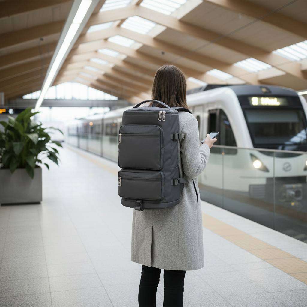 Personne avec sac à dos à la gare