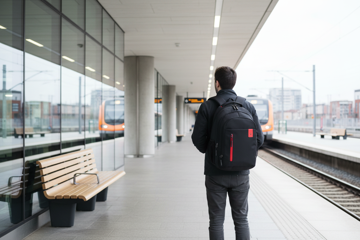 Personne avec sac à dos à la gare