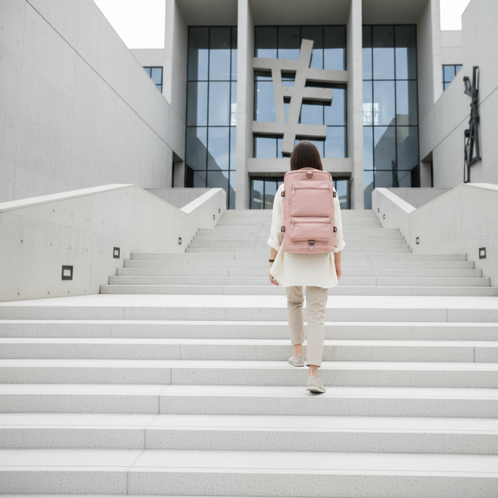 Personne avec sac à dos montant des escaliers