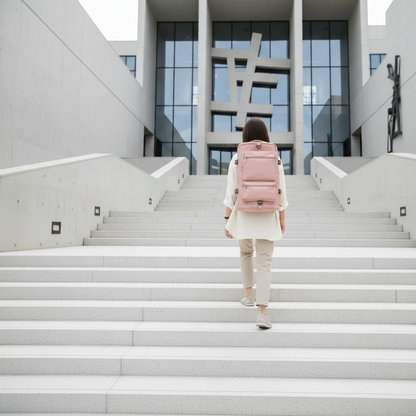 Personne avec sac à dos montant des escaliers