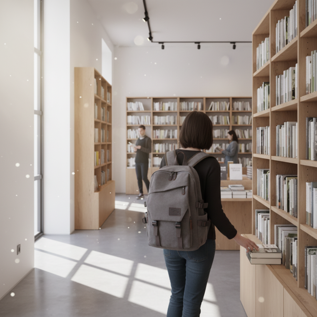 Personne en librairie avec sac à dos