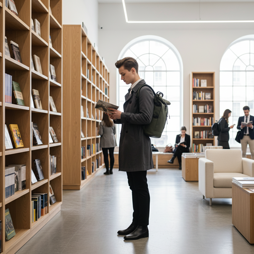 Personne en librairie avec sac roll-top