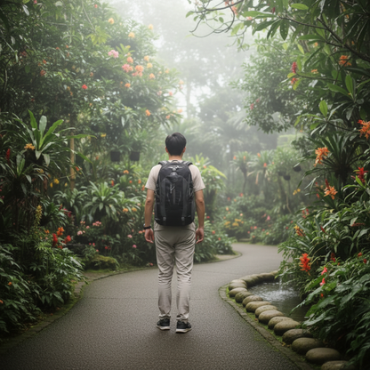 Personne marchant dans un jardin