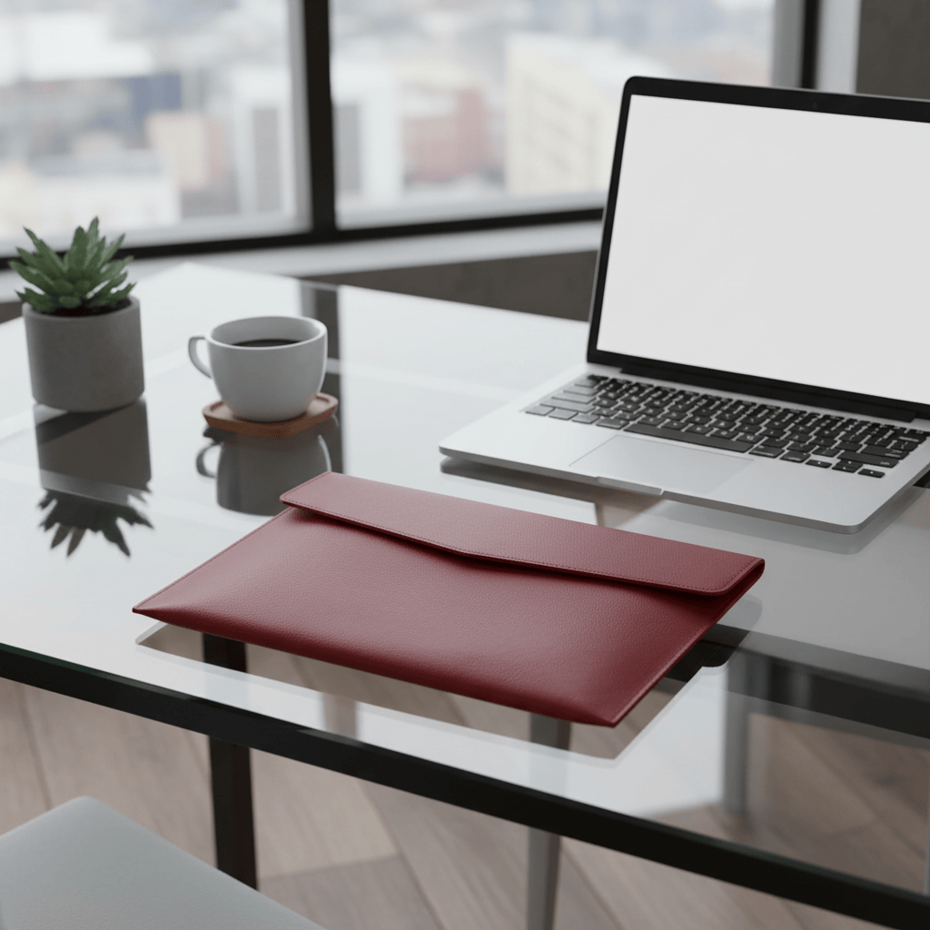 Pochette rouge sur bureau