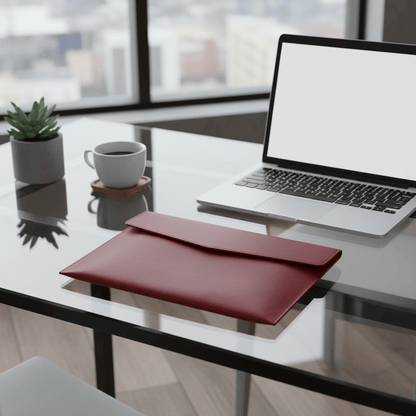 Pochette rouge sur bureau