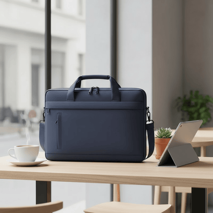 Porte-documents bleu au café