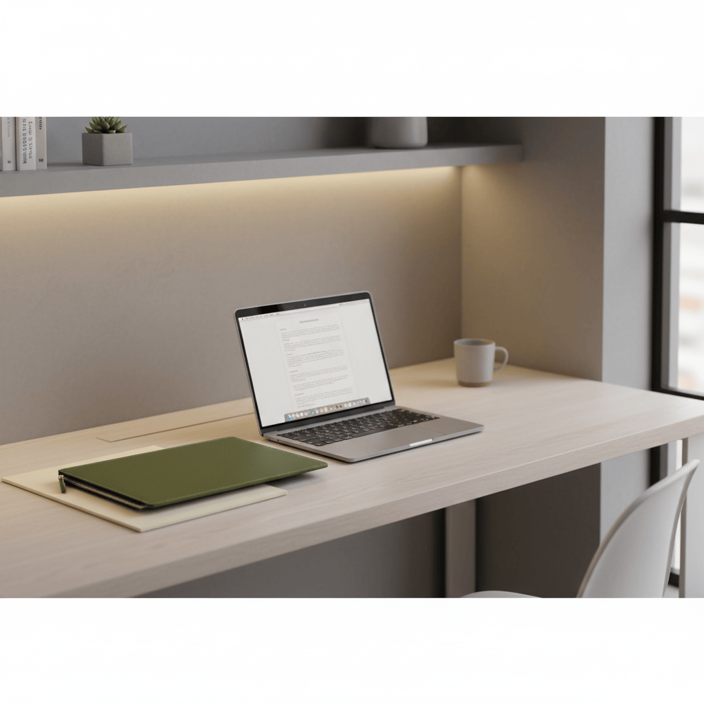 Porte-documents cuir vert olive près d'ordinateur