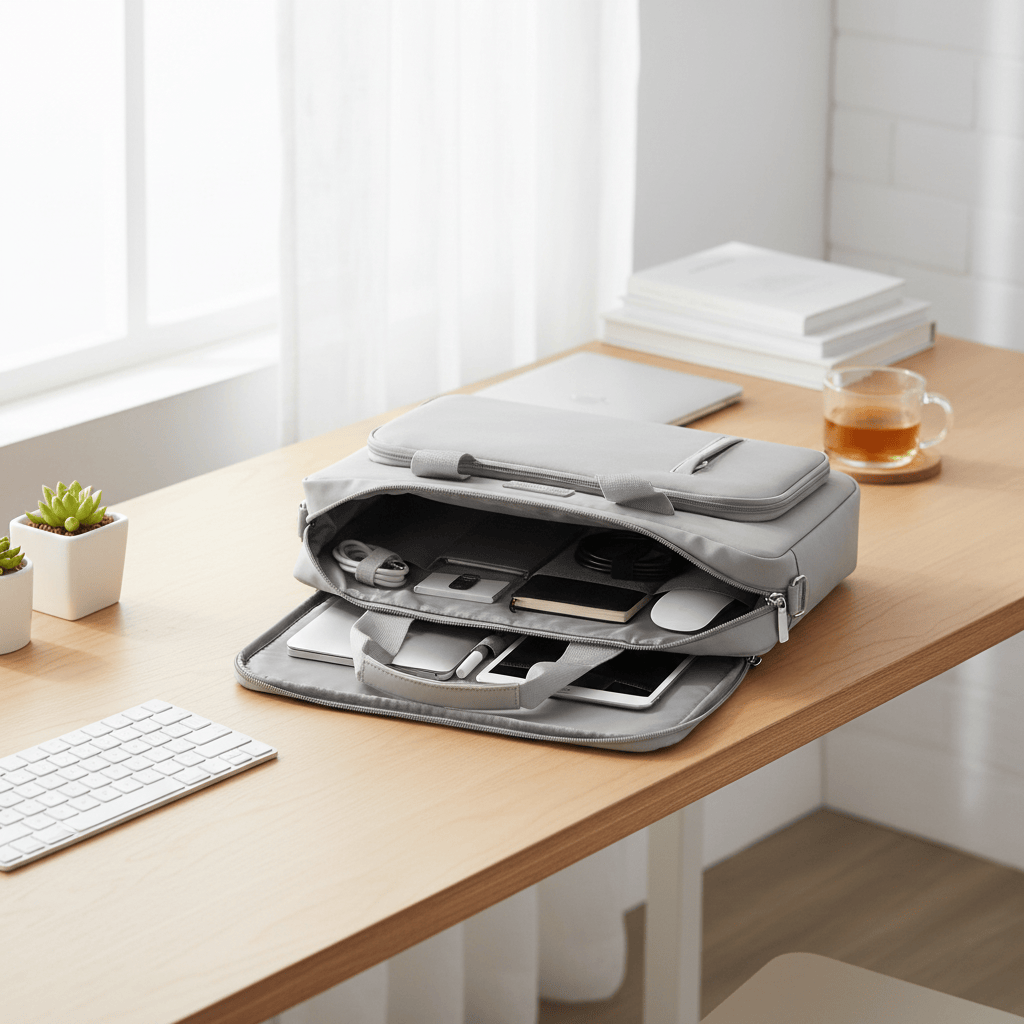 Porte-documents gris à plat avec compartiments visibles