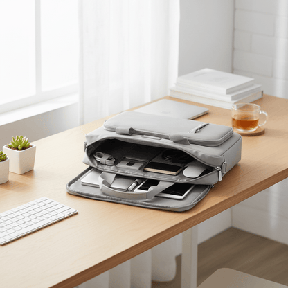 Porte-documents gris à plat avec compartiments visibles