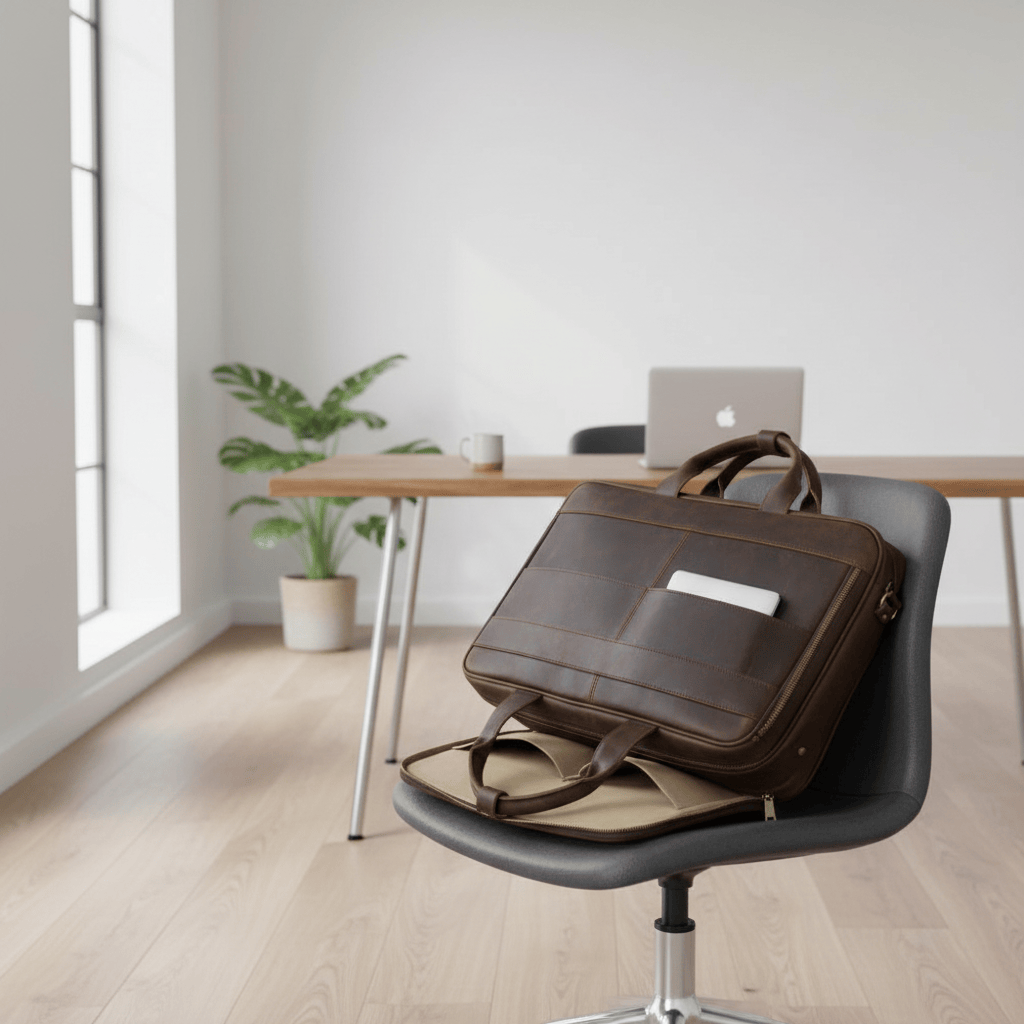 Porte-documents marron foncé sur chaise