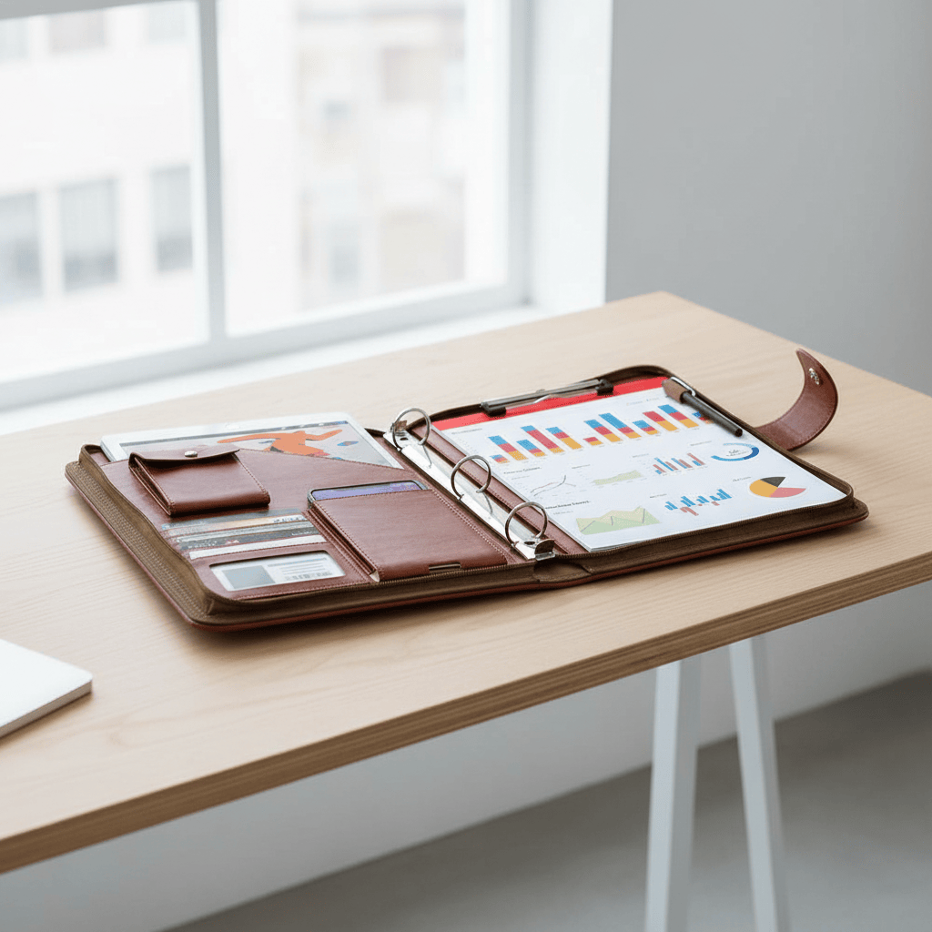 Porte-documents marron ouvert