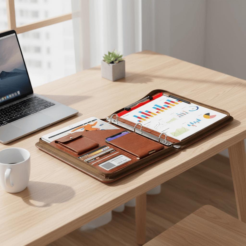 Porte-documents marron sur bureau