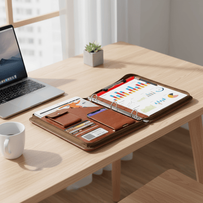 Porte-documents marron sur bureau