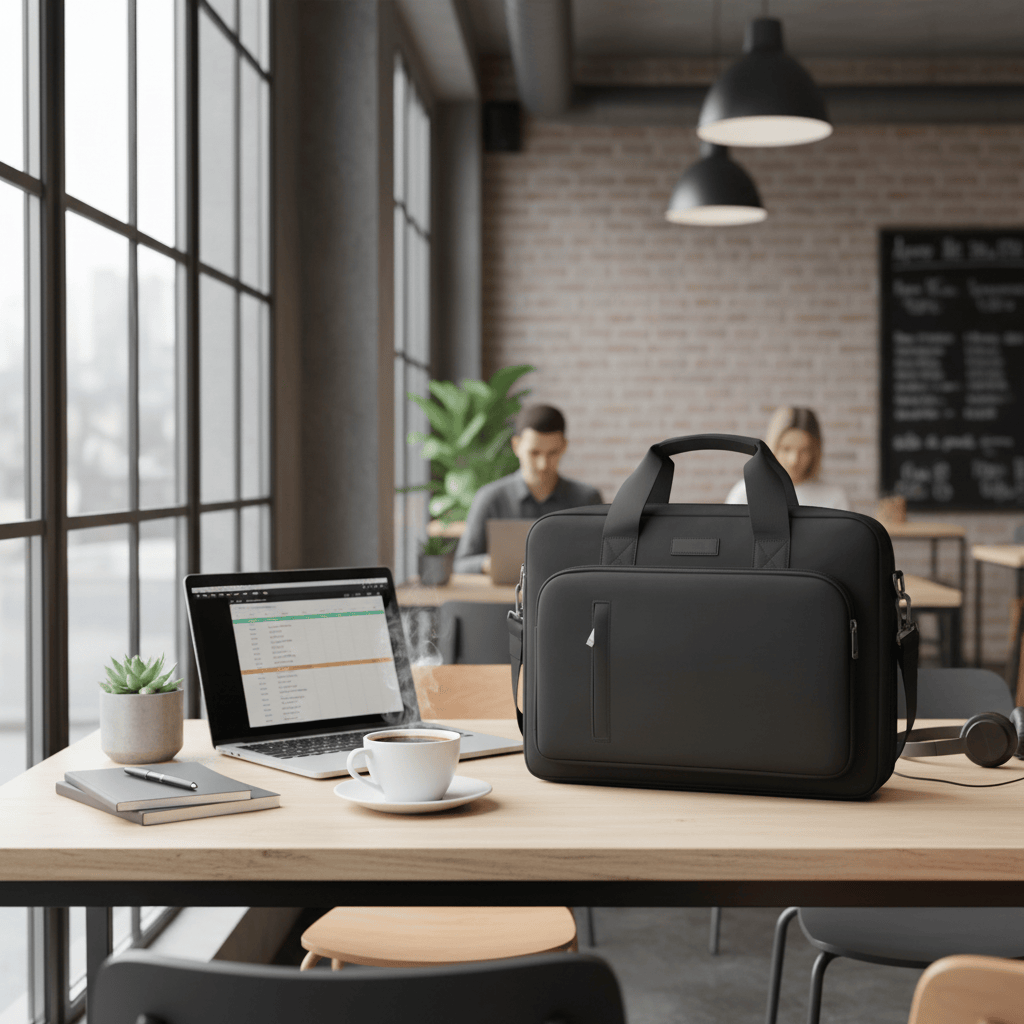 Porte-documents noir dans café workspace