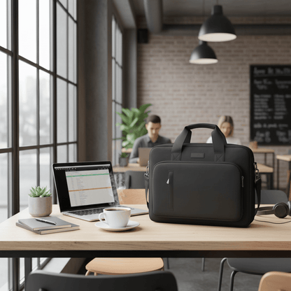 Porte-documents noir dans café workspace