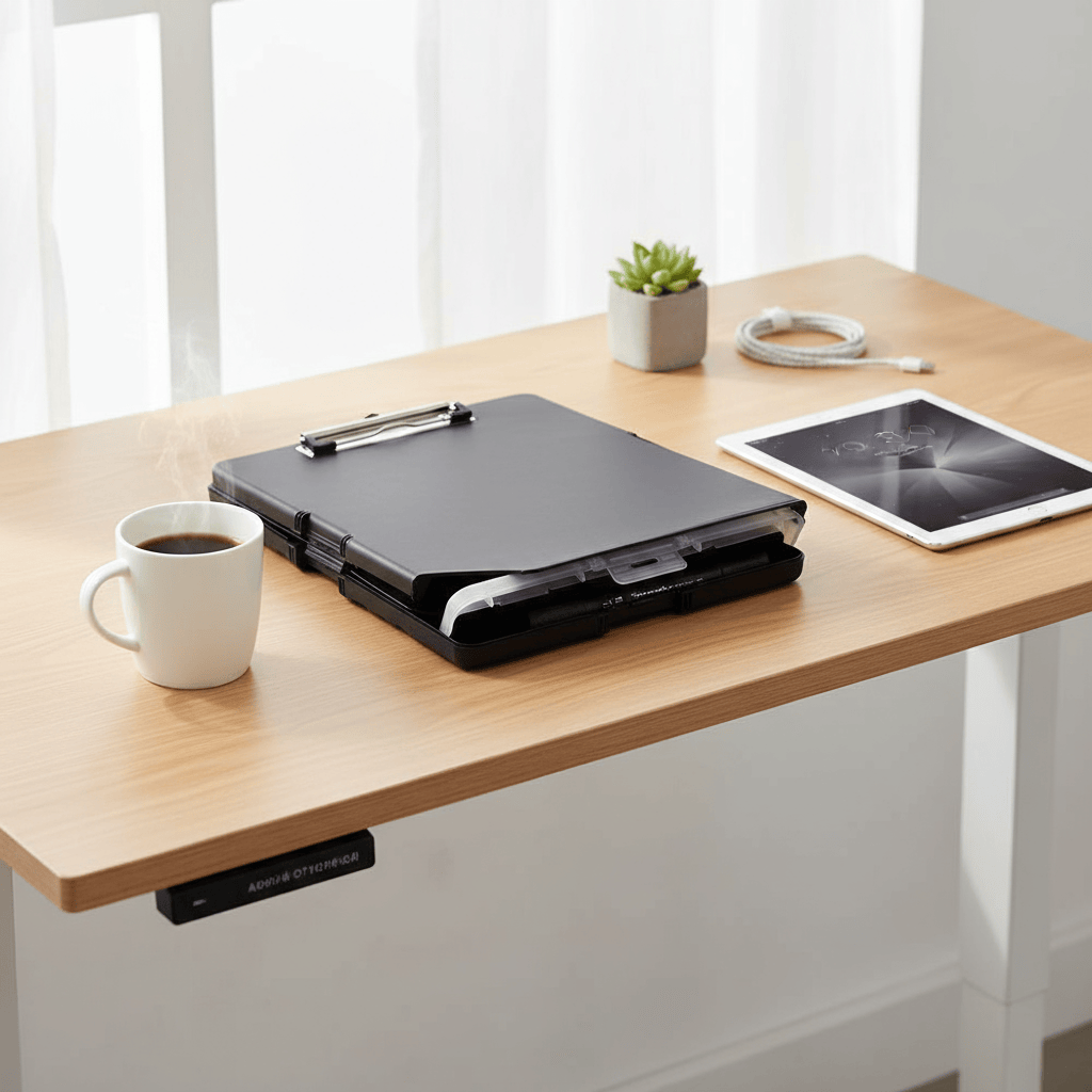 Porte-documents noir sur bureau debout