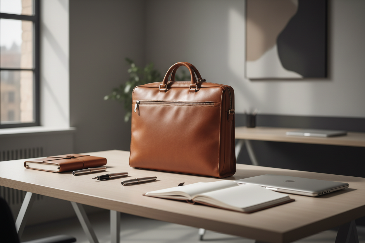 Porte-documents premium en cuir sur bureau moderne