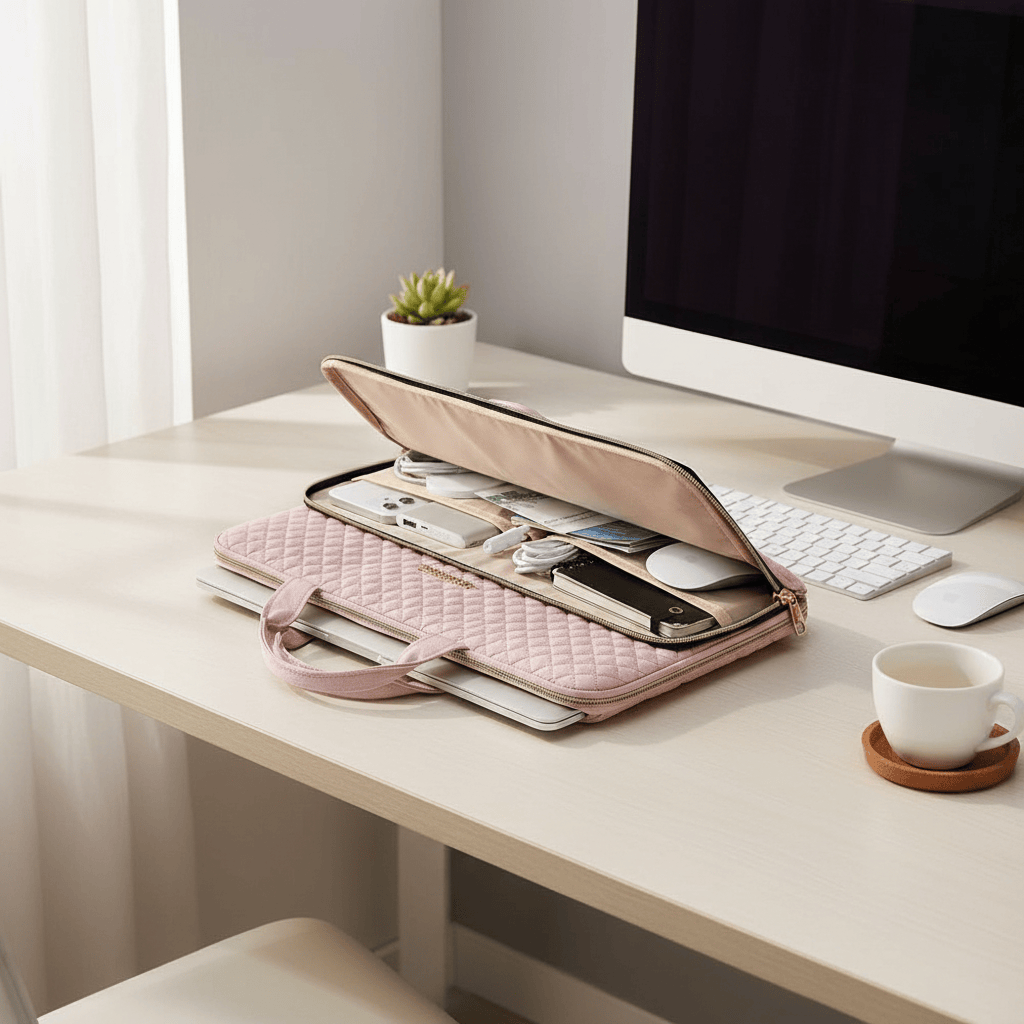 Porte-documents rose matelassé ouvert avec compartiments