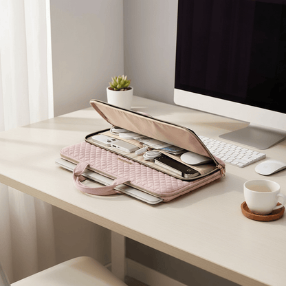 Porte-documents rose matelassé ouvert avec compartiments