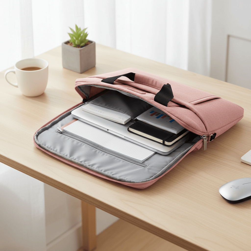 Porte-documents rose ouvert avec ordinateur