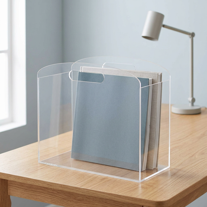 Porte-revues transparent sur bureau d’étude