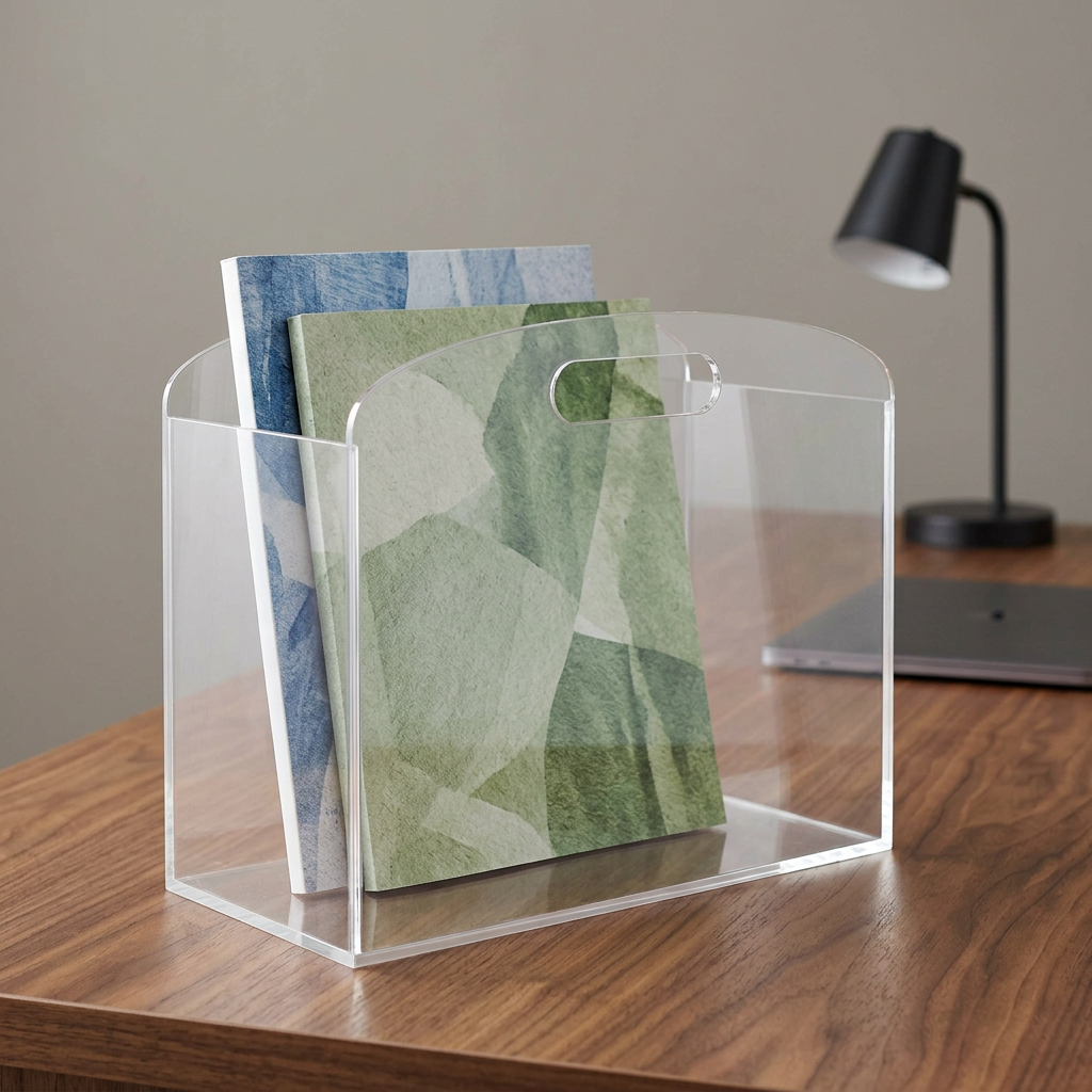 Porte-revues transparent sur bureau en noyer