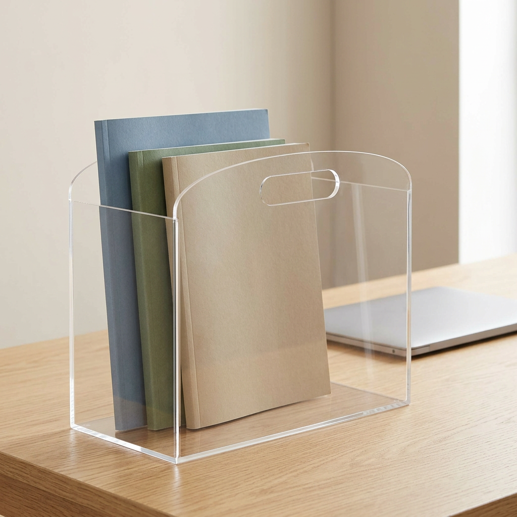 Porte-revues transparent sur bureau scandinave