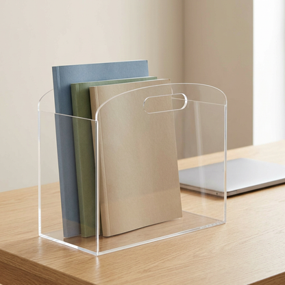 Porte-revues transparent sur bureau scandinave